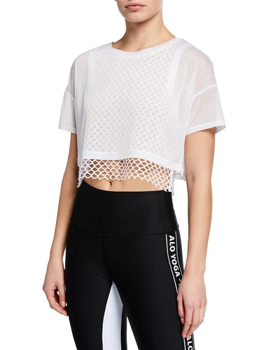 Alo Yoga Afterglow Short-sleeve Layered Crop Tee W/ Mesh In White