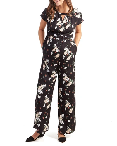 Ingrid & Isabel Maternity Floral-print Adjustable-waist Short-sleeve Jumpsuit In Black Artist Floral
