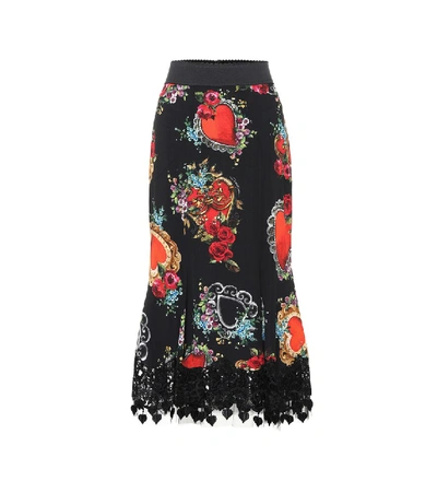 Dolce & Gabbana Silk Midi Skirt With Heart And Rose Print In Black