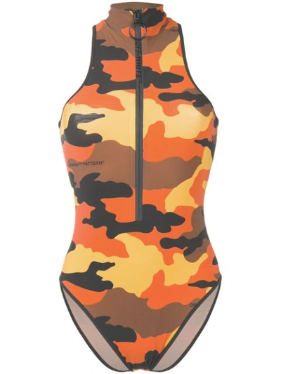 Off-white Camouflage-print Stretch-jersey Bodysuit In Orange