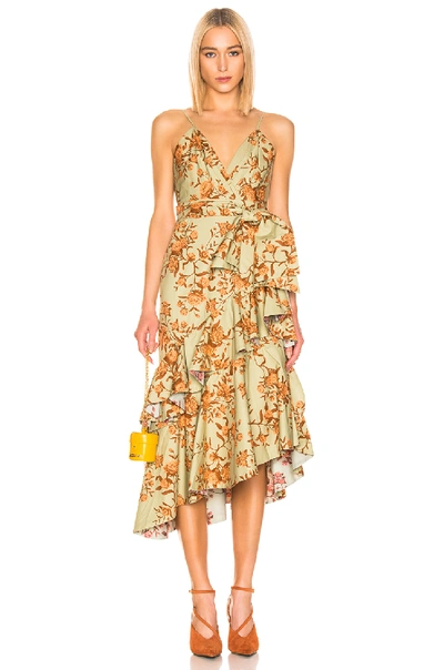 Johanna Ortiz Rhapsodie Ruffle Printed Dress In Soft Olive