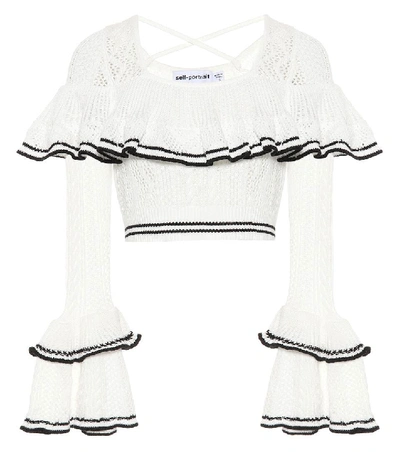 Self-portrait Cropped Striped Knit Top In White