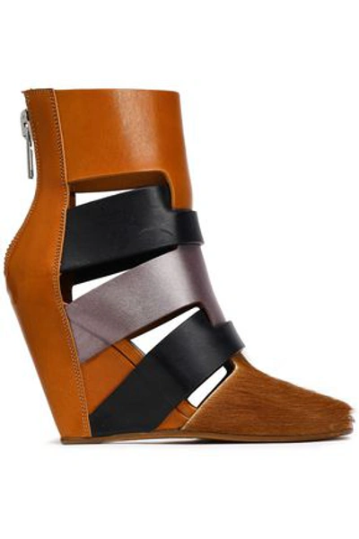 Rick Owens Woman Color-block Calf Hair And Leather Wedge Ankle Boots Tan
