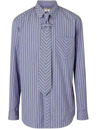 Burberry Chevron Striped Cotton Shirt And Tie Twinset In Pale Blue