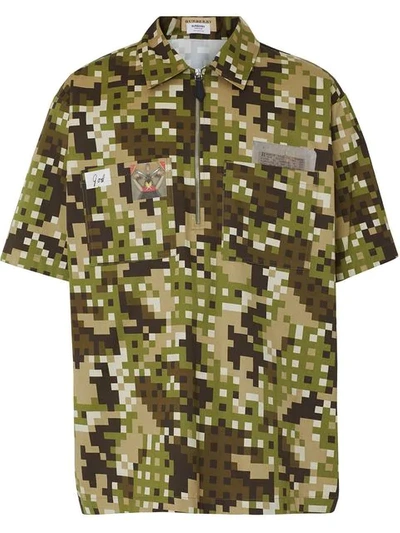 Burberry Short-sleeve Montage Print Cotton Shirt In Khaki Green