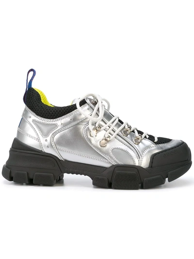 Gucci Flashtrek Metallic Leather And Mesh Sneakers In Silver
