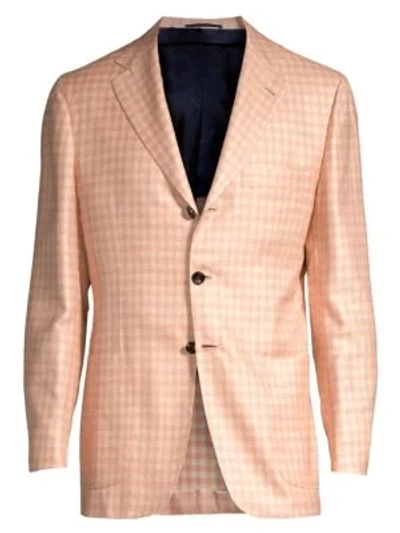 Kiton Gingham Single-breasted Wool, Silk & Linen Blazer In Peach