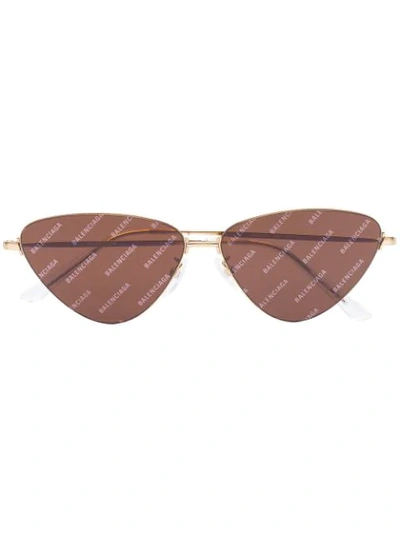 Balenciaga Brown Logo Angled Sunglasses In Gold