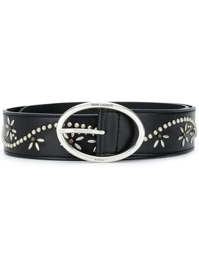 Saint Laurent Oval Buckle Decorated Belt In Black