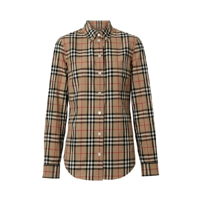 Burberry Baumwollbluse Mit Vintage Check-muster Und Streifendetail In Archive Beige Ip Chk