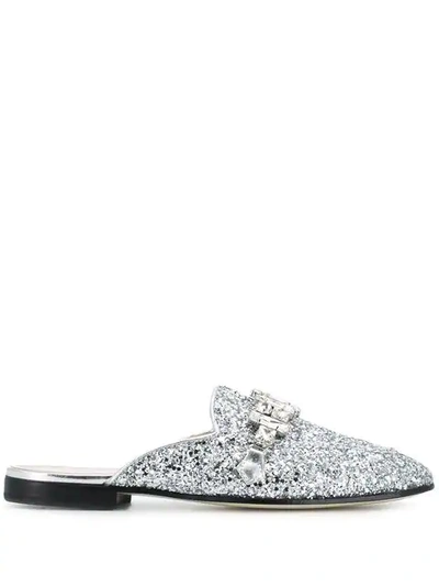 Pollini Glitter Crystal Buckle Slippers In Silver