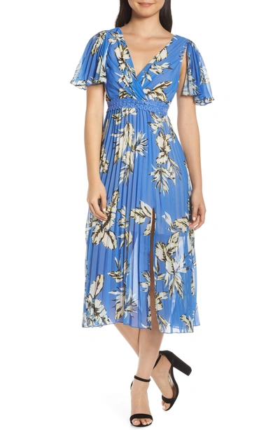 Foxiedox Floral Pleated Midi Dress In Blue Multi