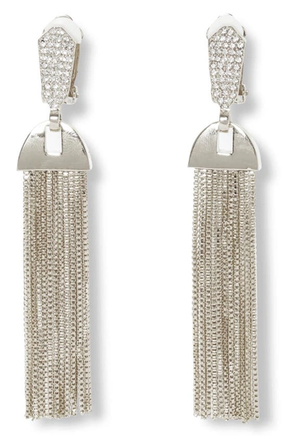 Vince Camuto Pave & Chain Tassel Clip-on Drop Earrings In Rhodium/ Crystal