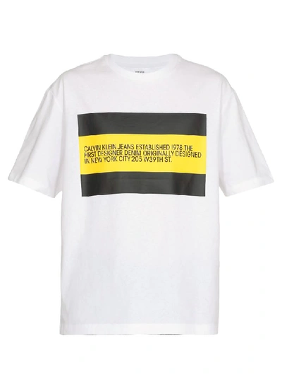 Calvin Klein Cotton T-shirt In White/ Black Yellow Flag