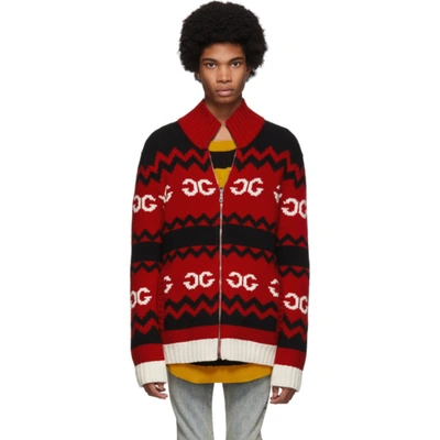 Gucci Red Wool Mirrored Gg Zip-up Sweater In Black