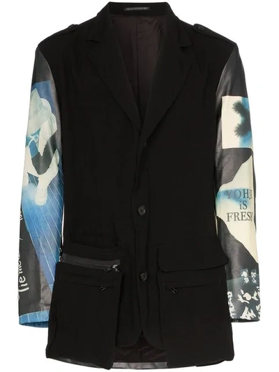 Yohji Yamamoto Graphic Print Leather Panelled Blazer Jacket In Black