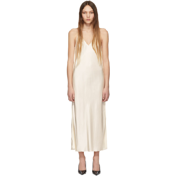 white satin midi slip dress