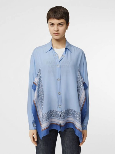 Burberry Monogram Print Trim Silk Oversized Shirt In Pale Blue