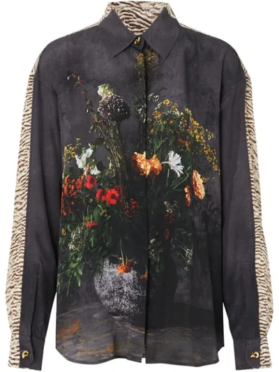 Burberry Floral And Tiger Print Silk Oversized Shirt In Black