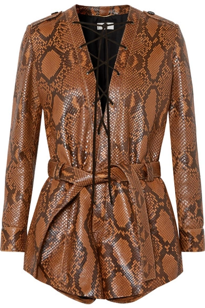 Saint Laurent Belted Lace-up Python Playsuit In Tan
