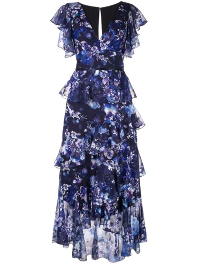 Marchesa Notte Ruffled Floral Print Dress In Blue