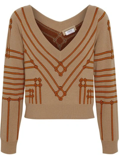 Burberry Rope Silk Wool Jacquard V-neck Sweater In Neutrals