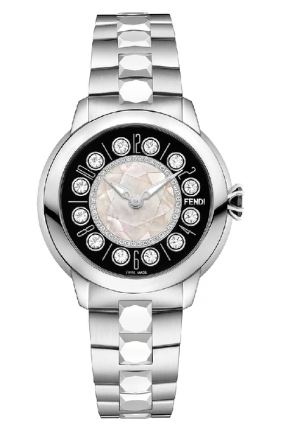 Fendi Ishine Diamond Bezel Rotating Bracelet Watch, 38mm In Silver/ Black/ Silver