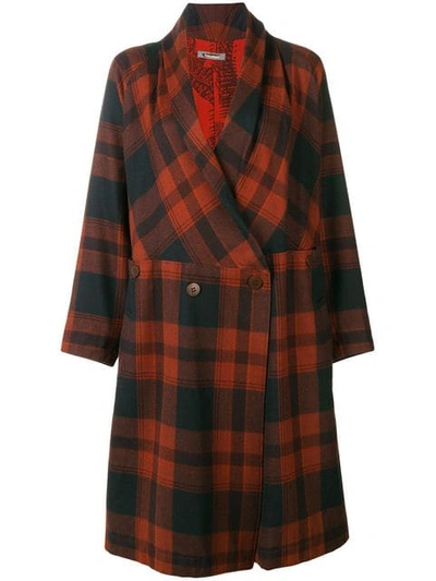 Pre-owned Issey Miyake 1980s Belted Plaid Coat In Brown