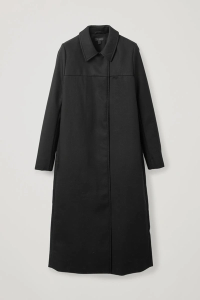 Cos Long Textured-cotton Coat In Black