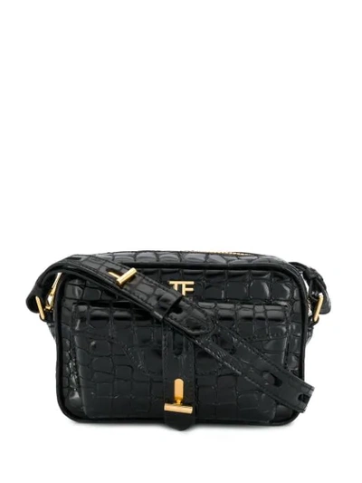Tom Ford Glossed Croc-effect Leather Camera Bag In Black