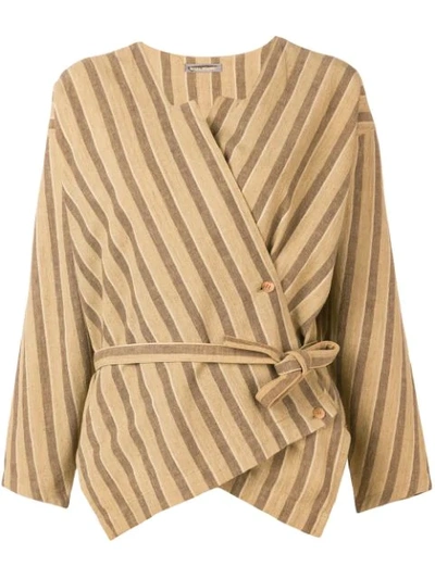 Pre-owned Issey Miyake 1980s Striped Wrap Blouse In Brown