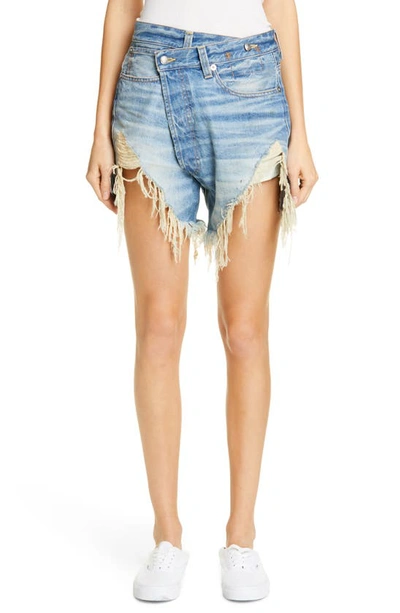 R13 Distressed Crossover Denim Shorts In Emory