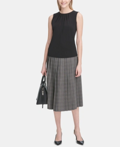 Calvin Klein Plaid Pleated A-line Skirt In Khaki/black
