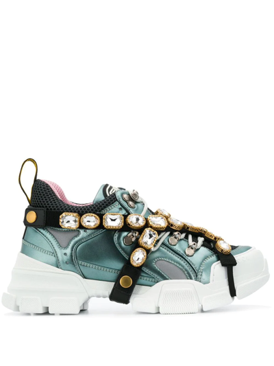 Gucci Flashtrek Crystal Embellished Low Top Trainers In Blue