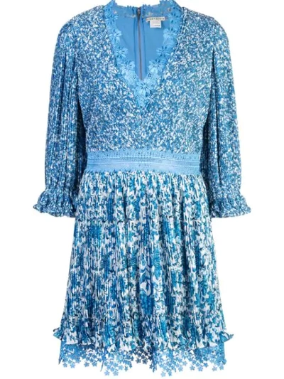 Alice And Olivia Alice + Olivia Jonna Pleated Floral Mini Dress In Hepatica Blue