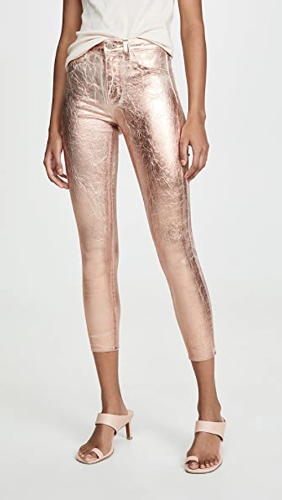 L Agence Margot Ankle-length Skinny Metallic Jeans In Petal Rose Gold Foil
