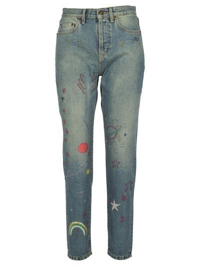 Saint Laurent Embroidered High-rise Jeans In Blue
