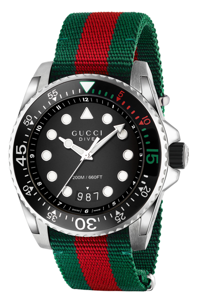 Gucci Dive Black Dial Green And Red Nylon Mens Watch Ya136209 In Silver