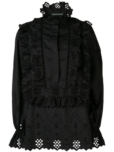 Alberta Ferretti Embroidered Ruffled Front Bib Blouse In 0555 Black