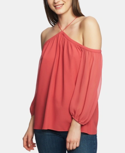 1.state Off The Shoulder Sheer Chiffon Blouse In Coral Popp