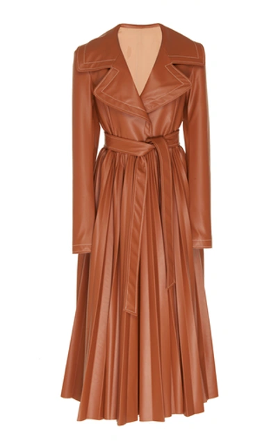 A.w.a.k.e. Belted Pleated Faux Leather Coat In Brown
