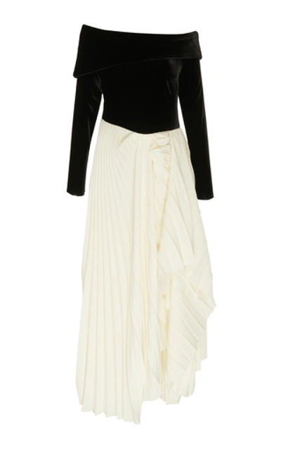 A.w.a.k.e. Catherine Velvet-paneled Pleated Crepe Dress In Black/white
