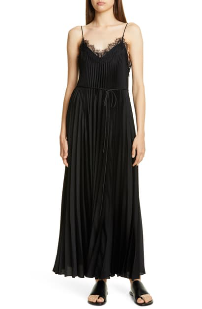Vince Lace-Trimmed V-Neck Pleated Midi Dress In Black | ModeSens