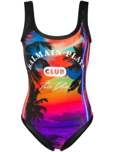 Balmain Beach Club Printed Swimsuit In Black