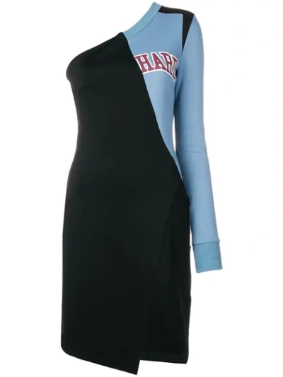 Off-white One Shoulder College Dress In Black,light Blue