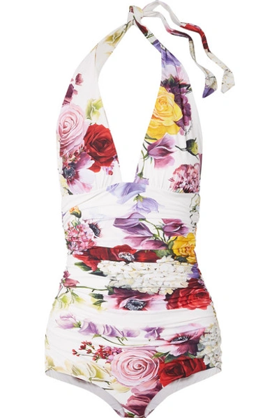 Dolce & Gabbana Floral-print Halterneck Swimsuit In White