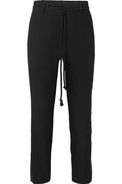 Ann Demeulemeester Belted Jacquard-trimmed Wool Tapered Pants In Black