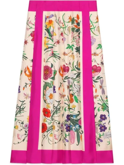 Gucci Pleated Floral Print Silk Twill Skirt In Multi