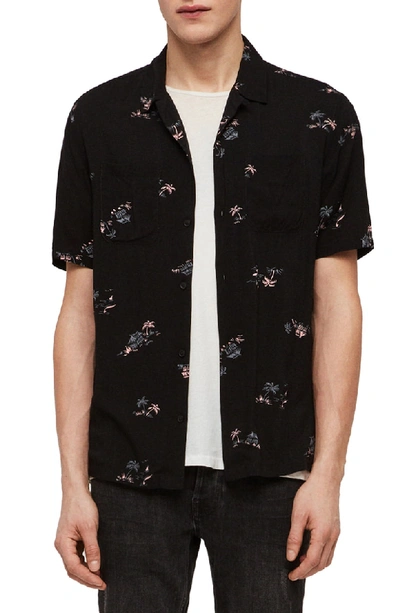 Allsaints Castaway Slim Fit Camp Shirt In Jet Black