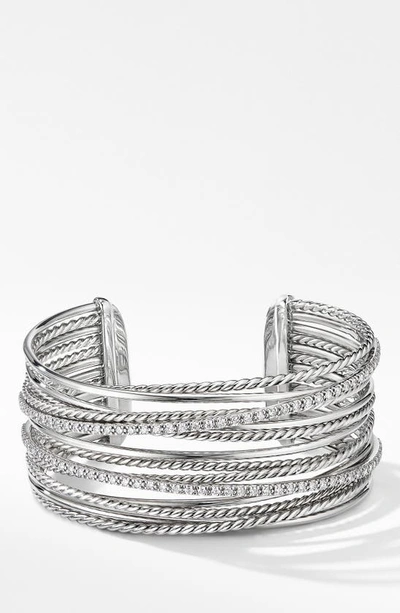 David Yurman Sterling Silver Crossover Cuff Bracelet With Diamonds In White/silver